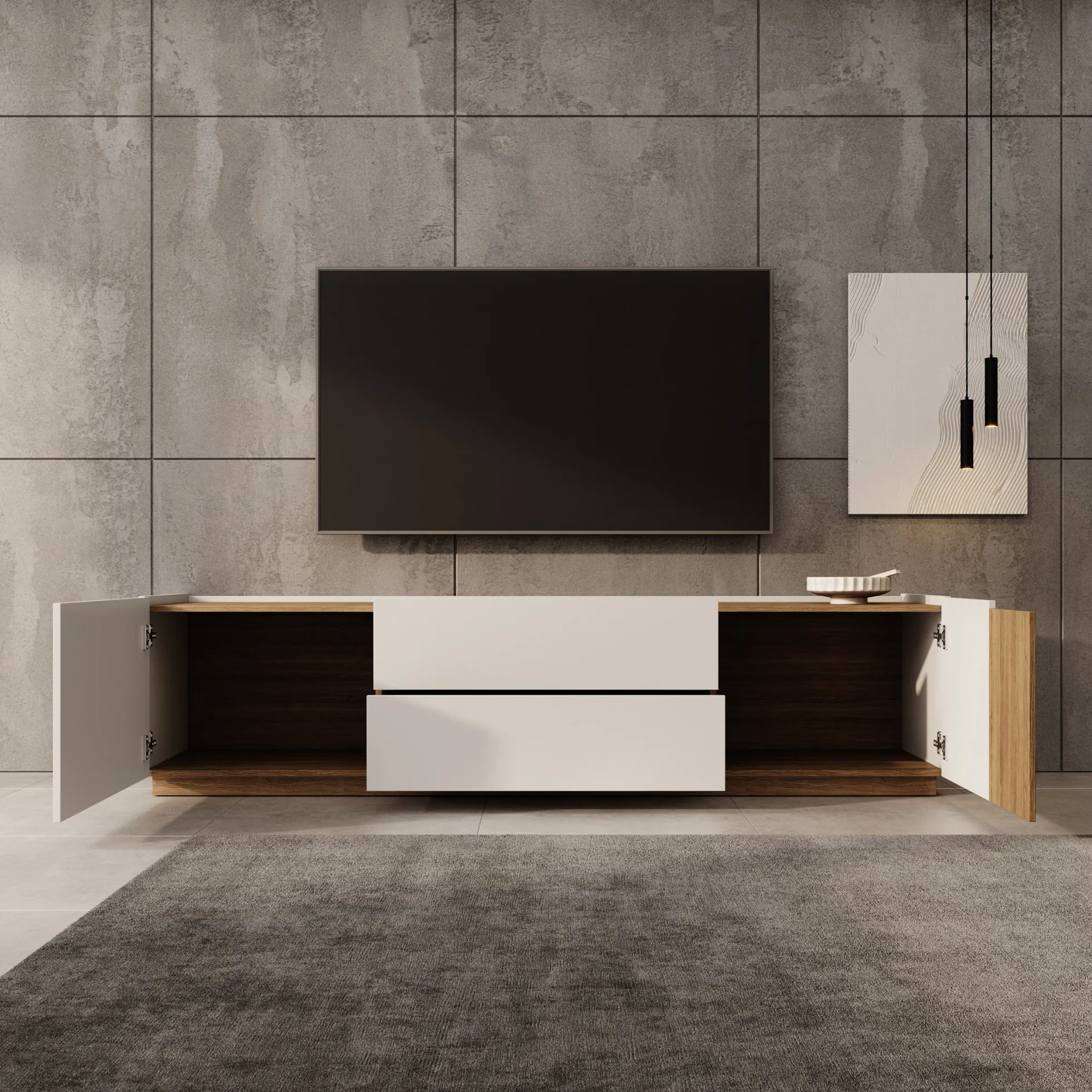 Lavar - TV-meubel - Wit/Eiken - 204x41x50 cm