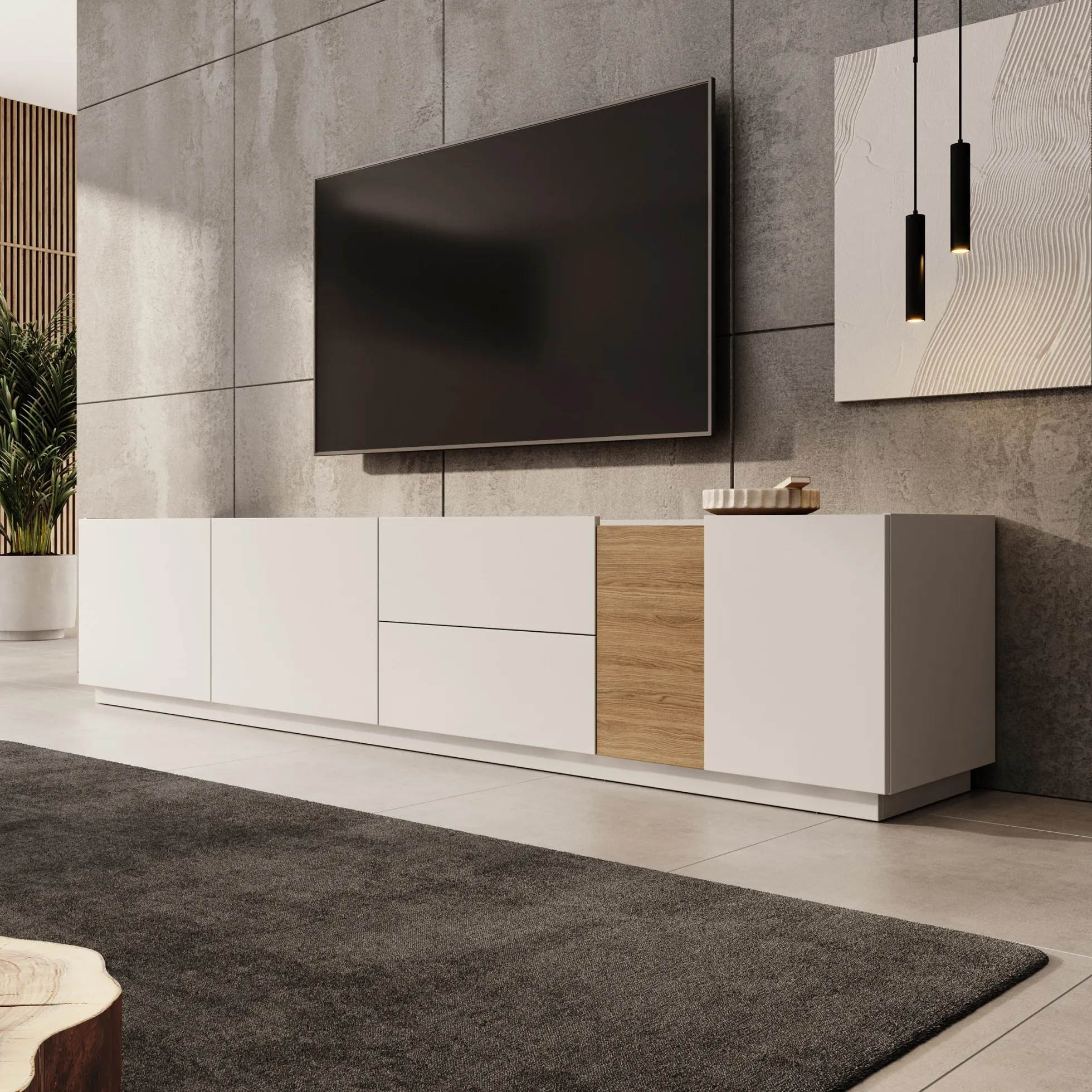 Lavar - TV-meubel - Wit/Eiken - 239x41x50 cm