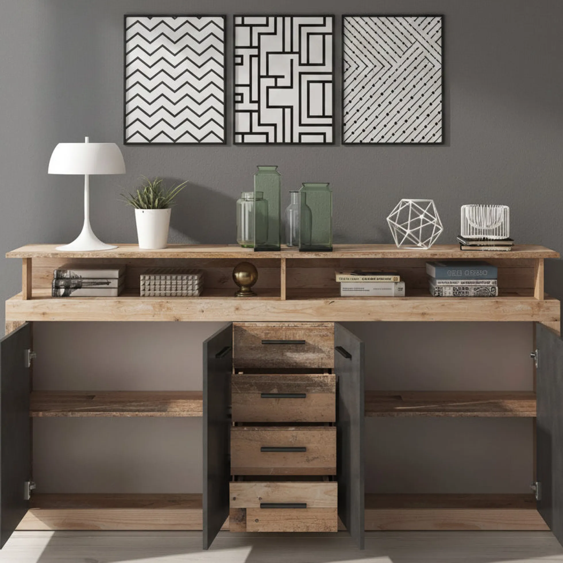 Lavina - Dressoir - Grijs/old wood - 190x32x96 cm