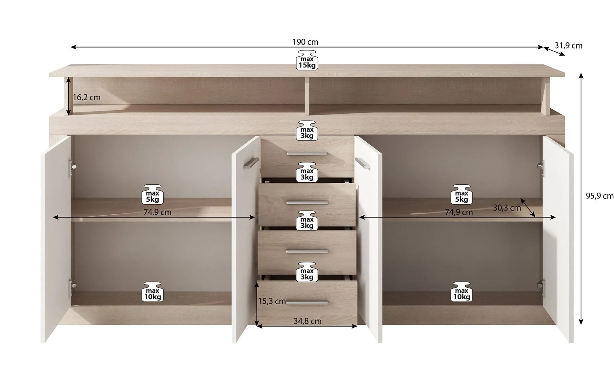 Lavina - Dressoir - Grijs/old wood - 190x32x96 cm
