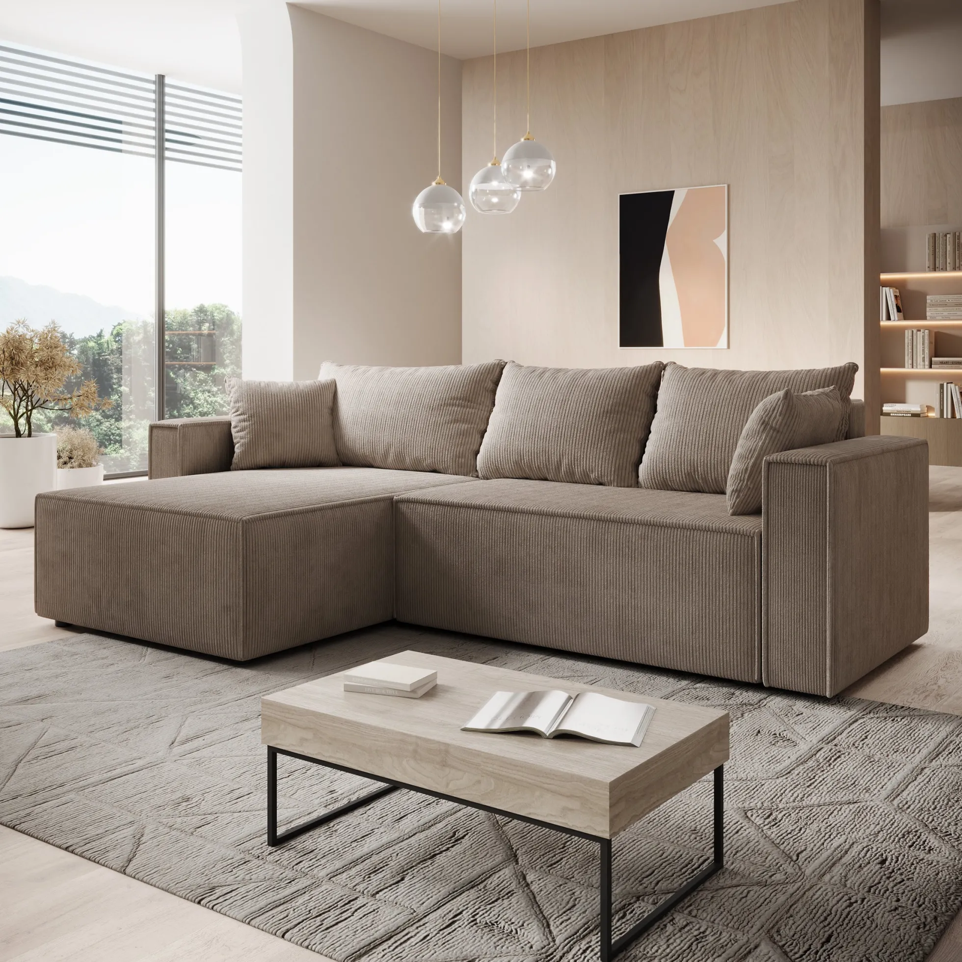 Lawrence - Hoekbank 3-zits met chaise longue - Ribstof bruin - Links