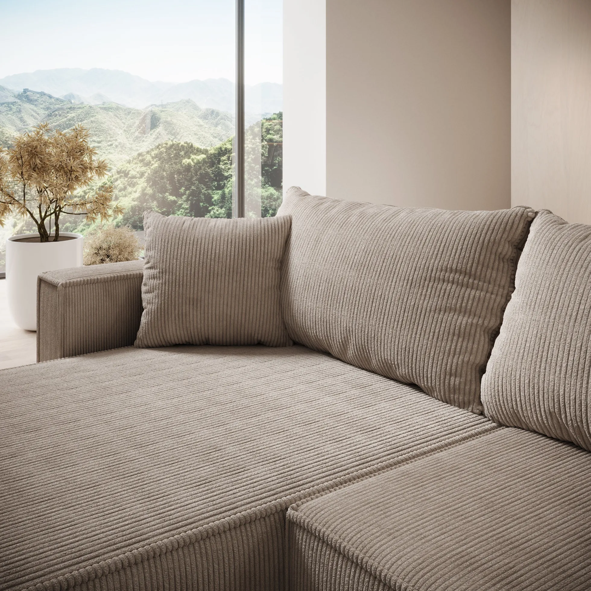 Lawrence - Hoekbank 3-zits met chaise longue - Ribstof bruin - Links