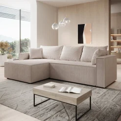 Lawrence - Hoekbank 3-zits met chaise longue - Ribstof beige - Links