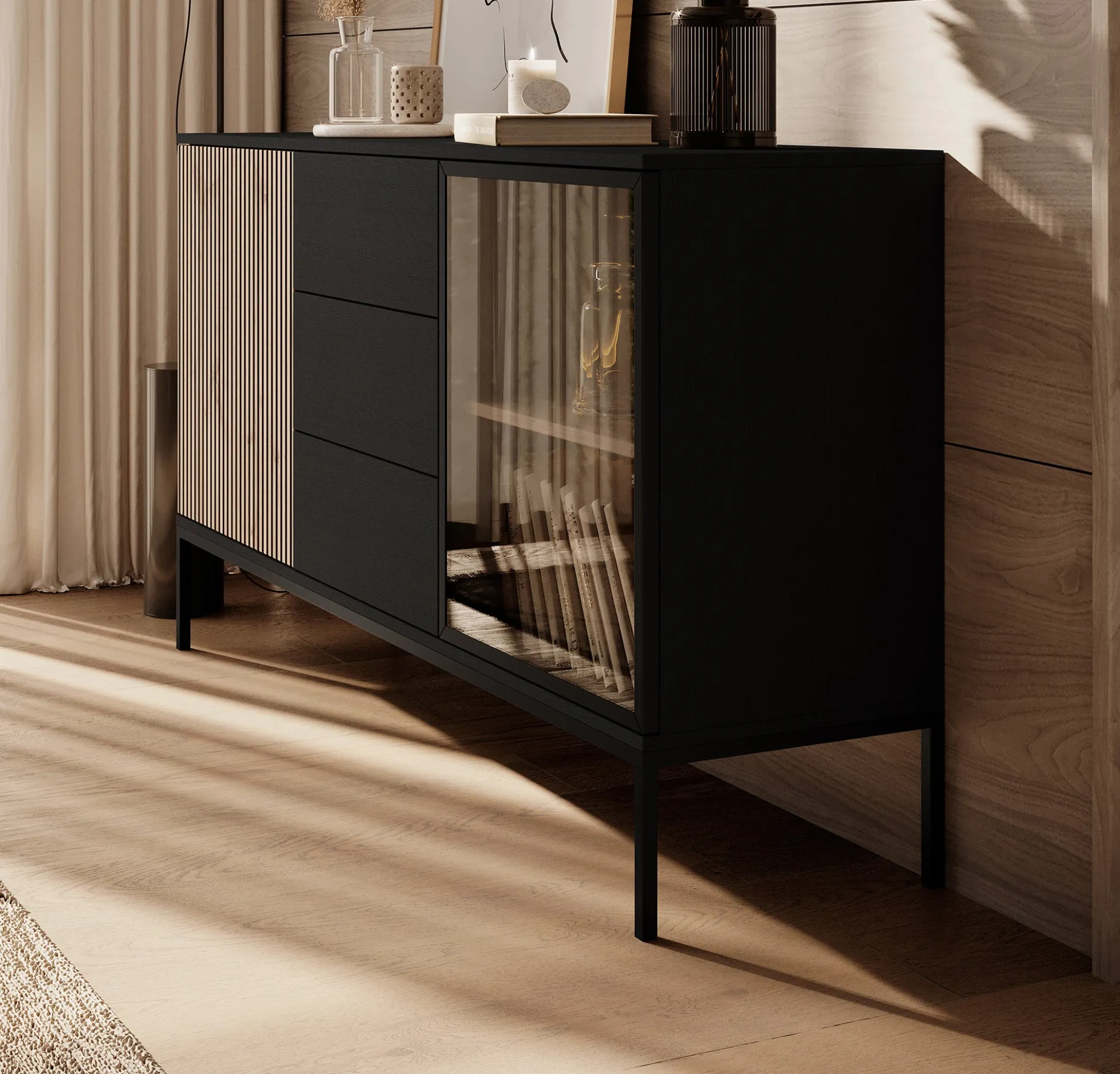Legend 2 - Dressoir - Zwart/eiken - 154x39x83 cm