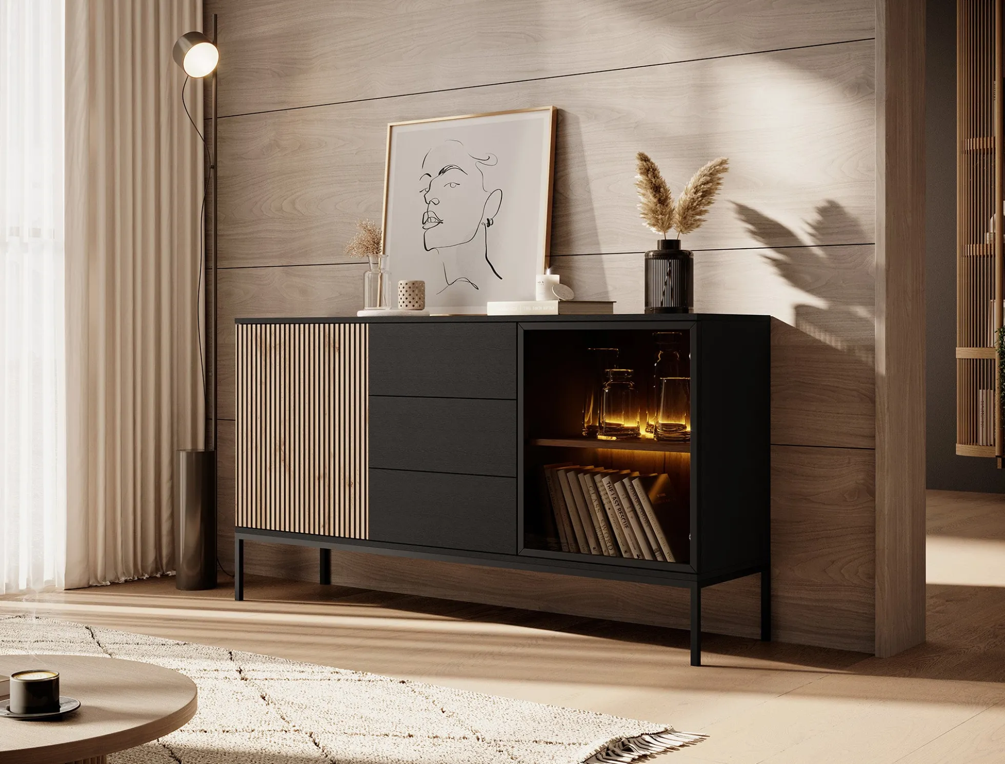 Legend 2 - Dressoir - Zwart/eiken - 154x39x83 cm