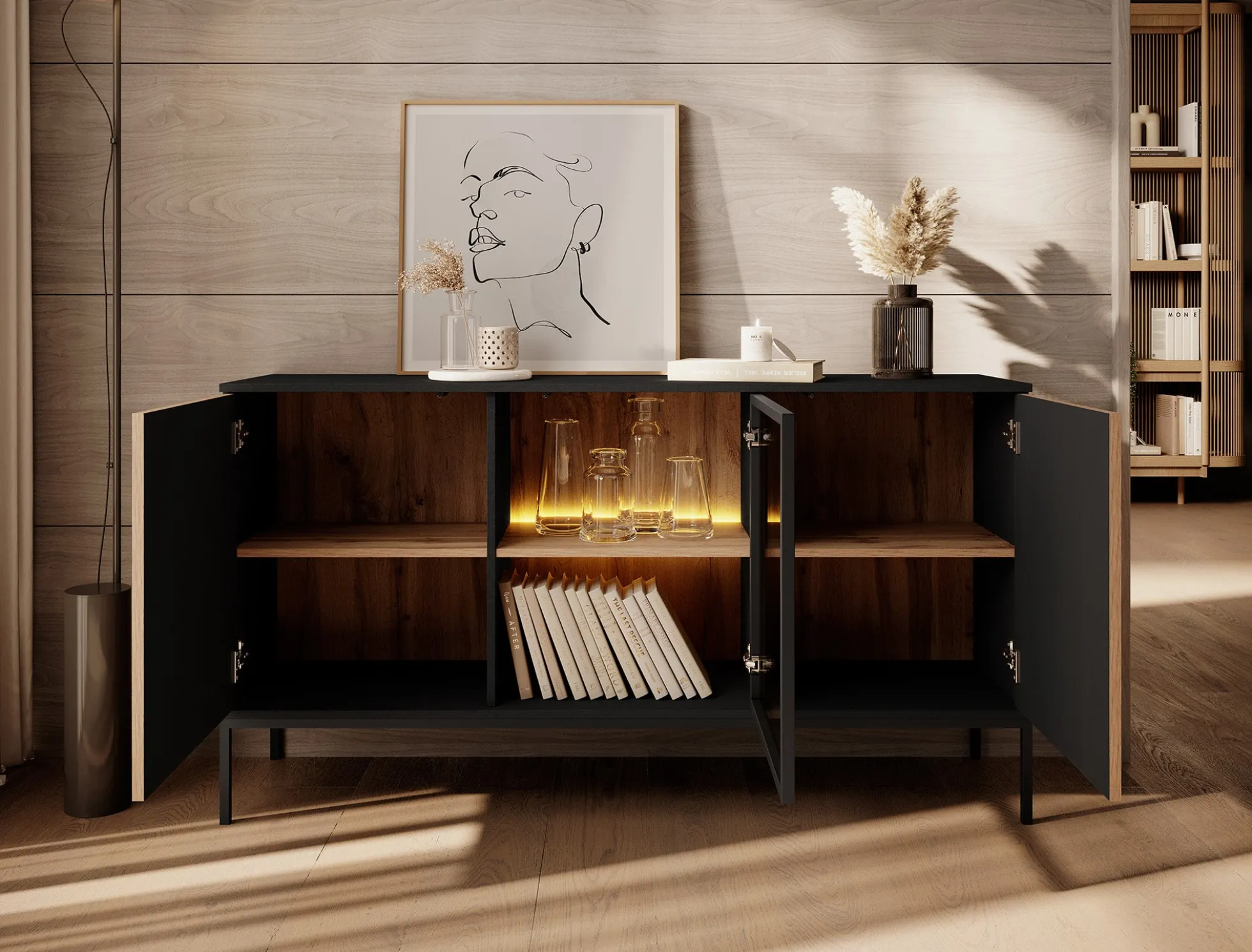Legend - Dressoir - Zwart/eiken - 154x39x83 cm