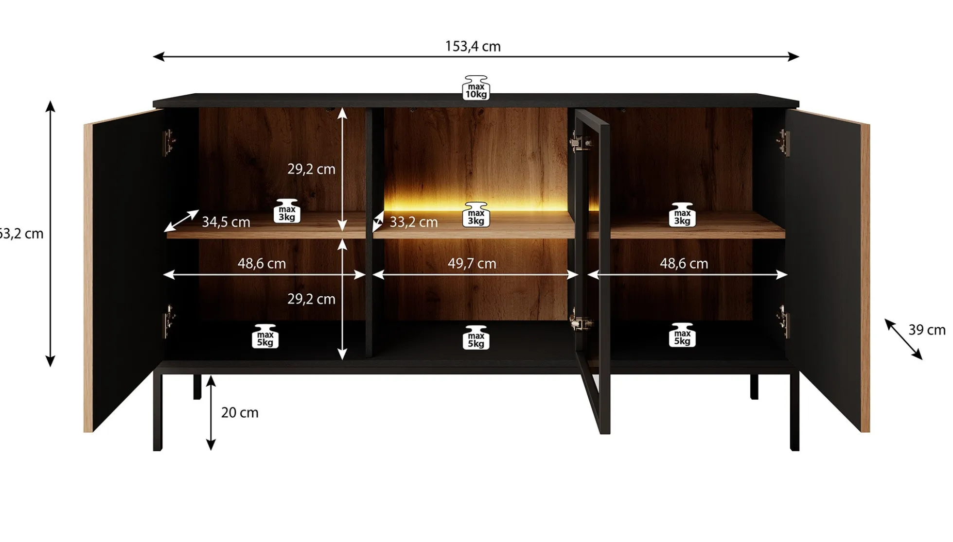 Legend - Dressoir - Zwart/eiken - 154x39x83 cm