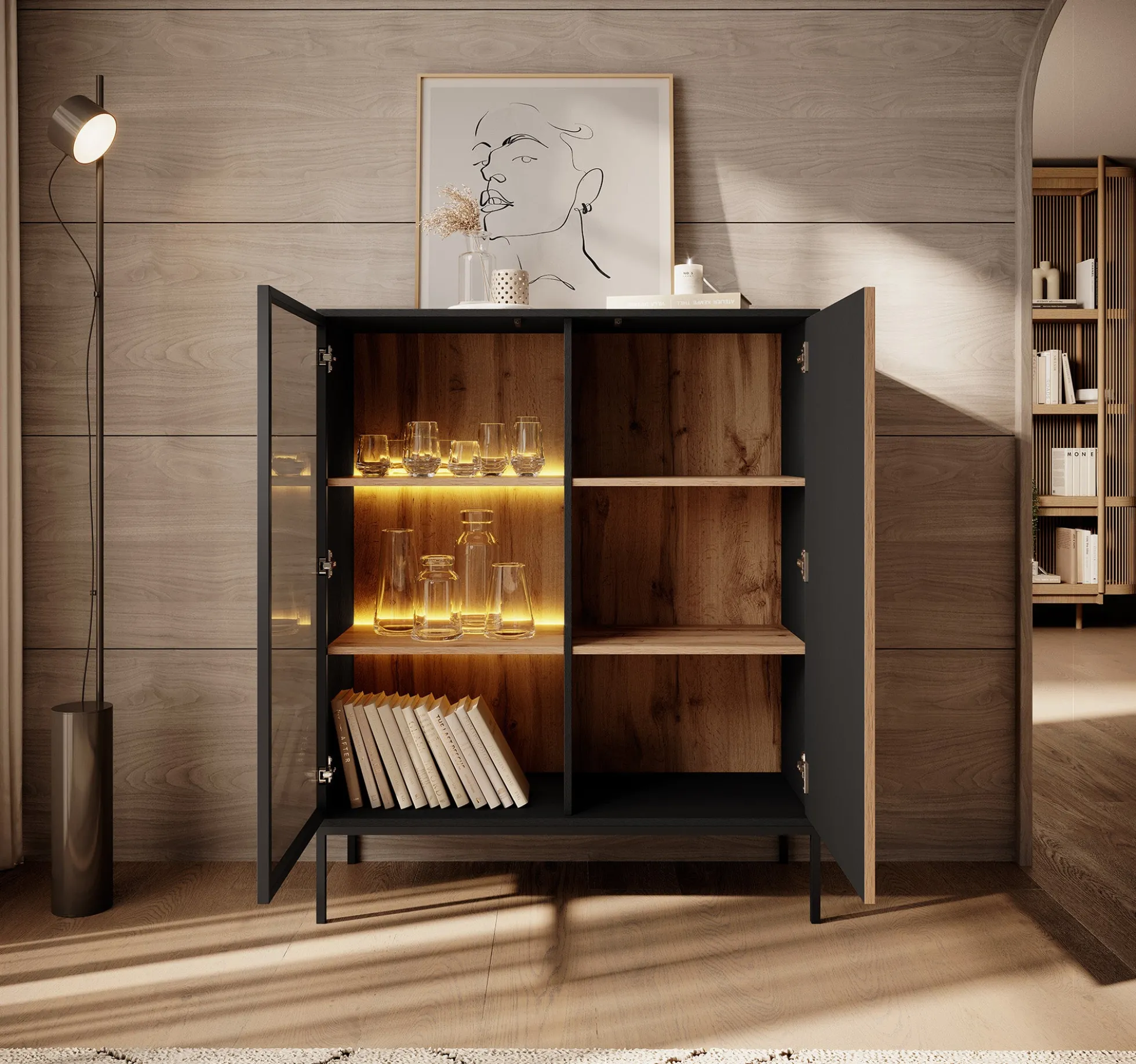Legend - Vitrinekast - Zwart/eiken - 104x39x126 cm