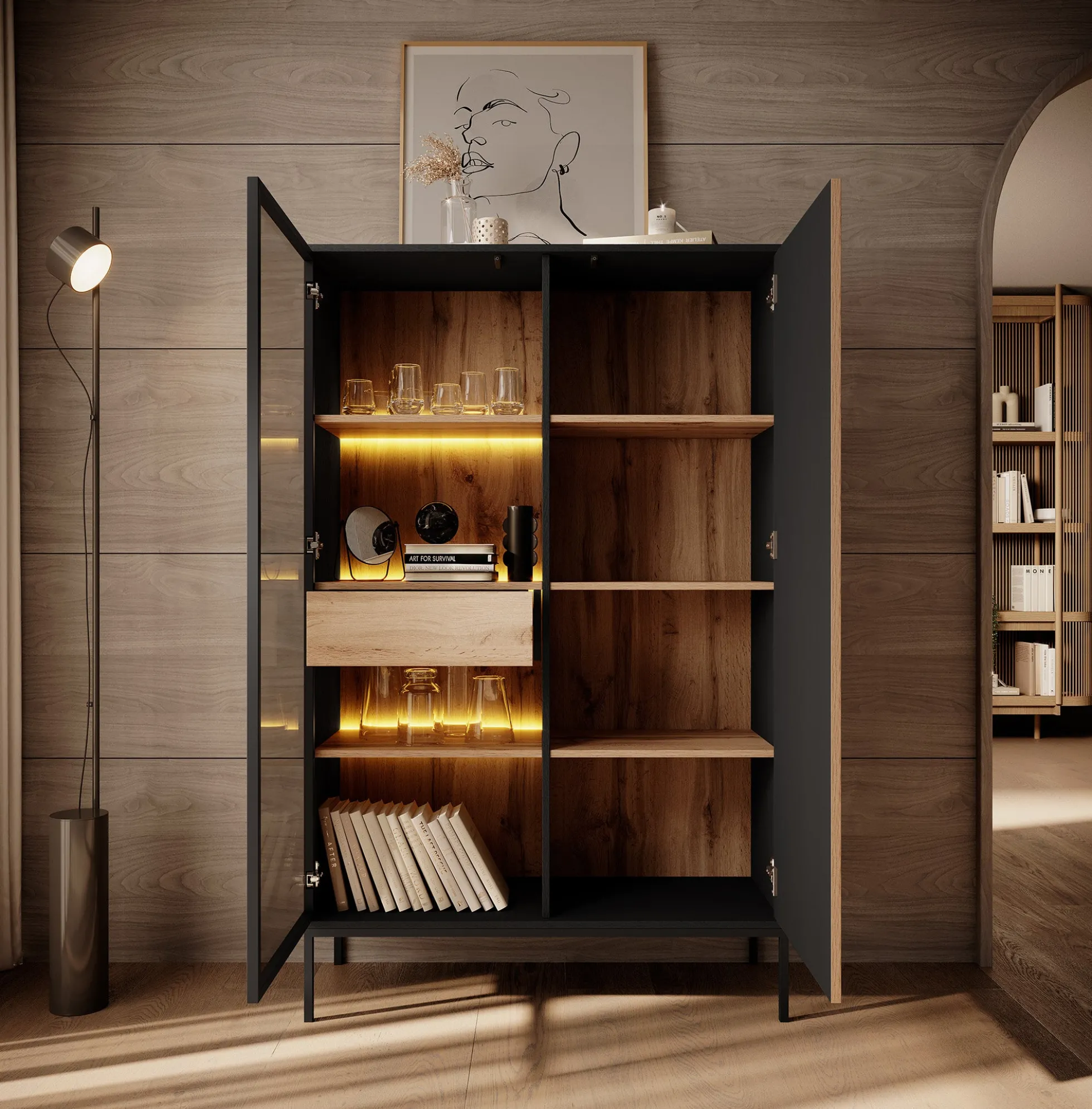 Legend - Vitrinekast - Zwart/eiken - 104x39x166 cm