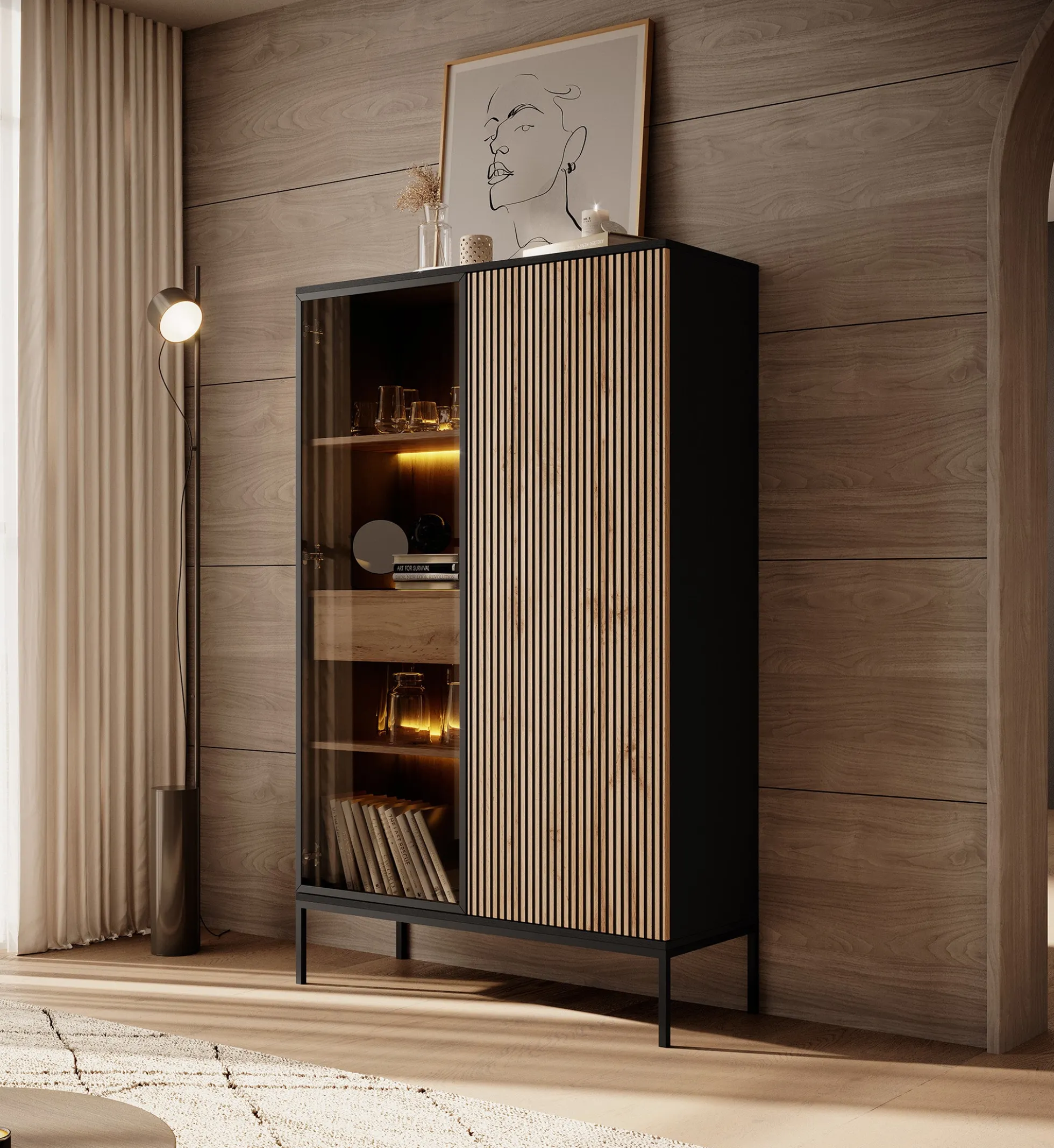 Legend - Vitrinekast - Zwart/eiken - 104x39x166 cm