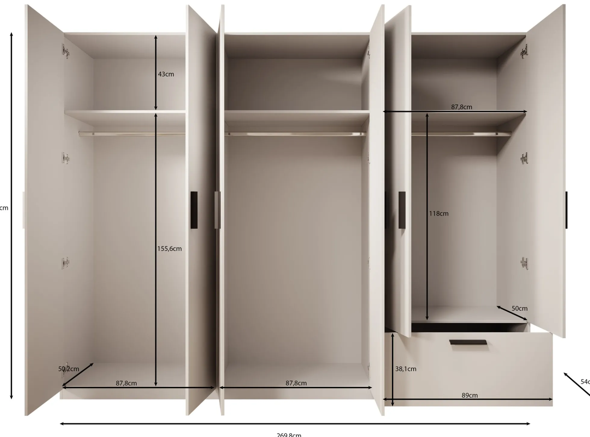 Lillian - Kledingkast met lade - Wit - 270x54x210 cm
