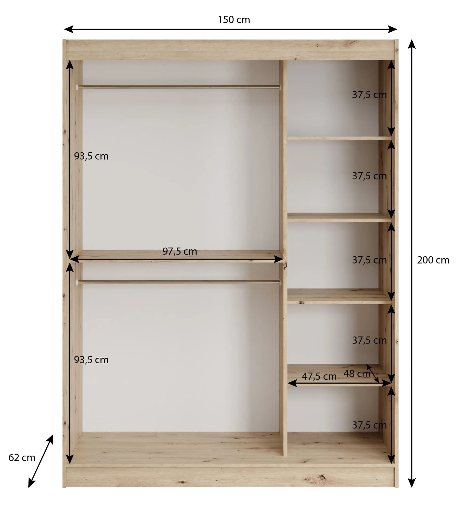 Lisbon 2 - Kledingkast met schuifdeuren - Zwart/eiken - 150x62x200 cm