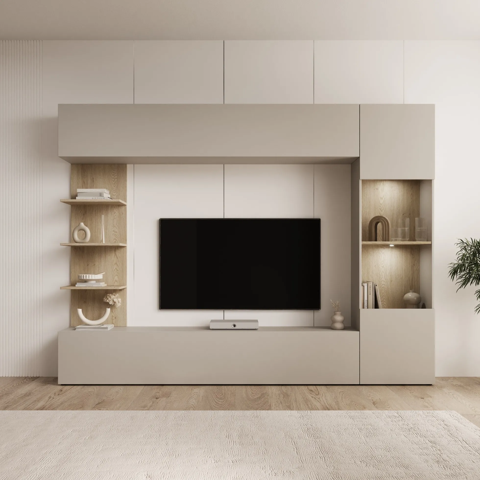 Lomezzo - Wandmeubel met verlichting - Beige/Eikenpatroon - 250x30x187