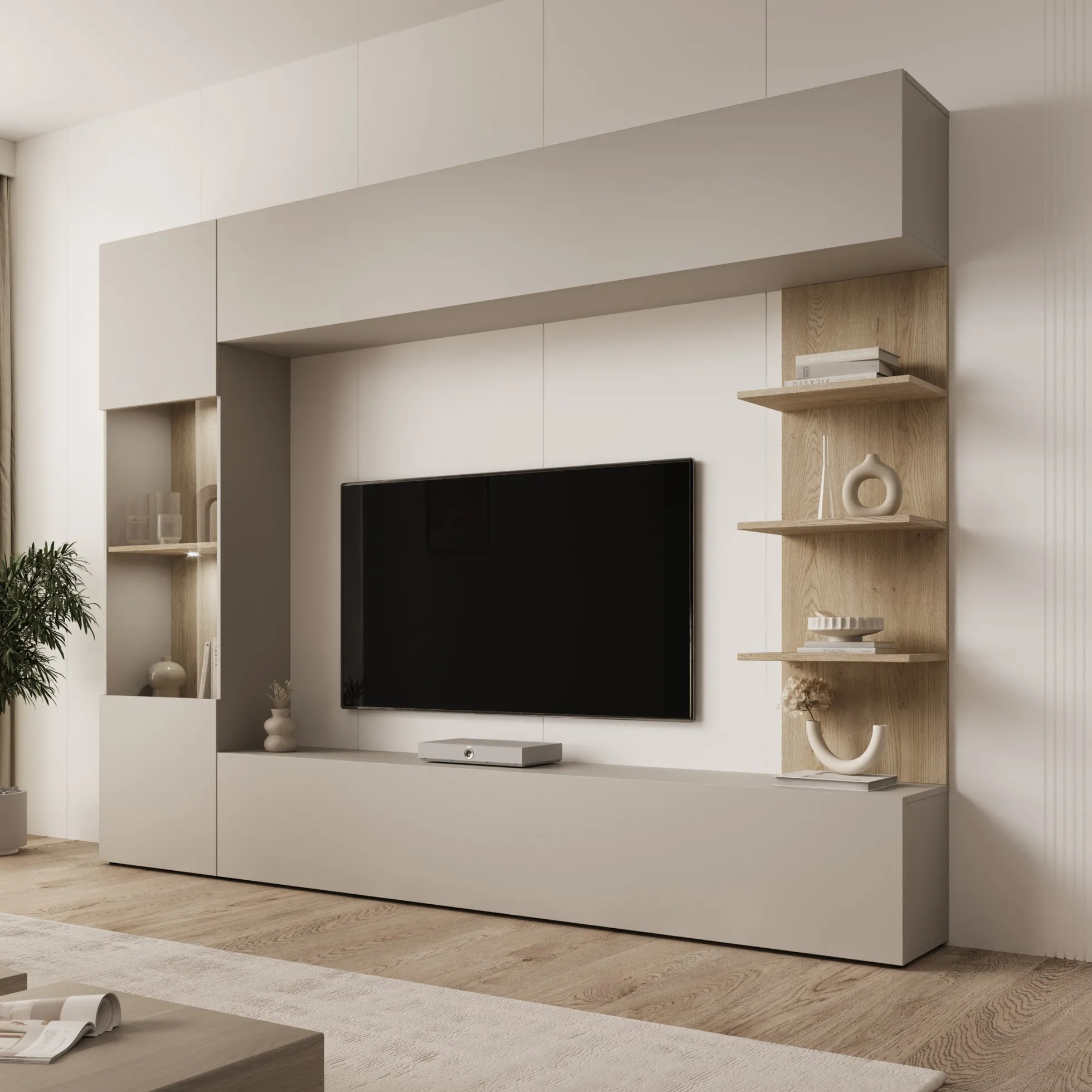 Lomezzo - Wandmeubel met verlichting - Beige/Eikenpatroon - 250x30x187