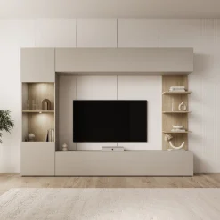 Lomezzo - Wandmeubel met verlichting - Beige/Eikenpatroon - 250x30x187