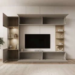 Lomezzo - Wandmeubel met verlichting - Beige/Eikenpatroon - 250x30x187