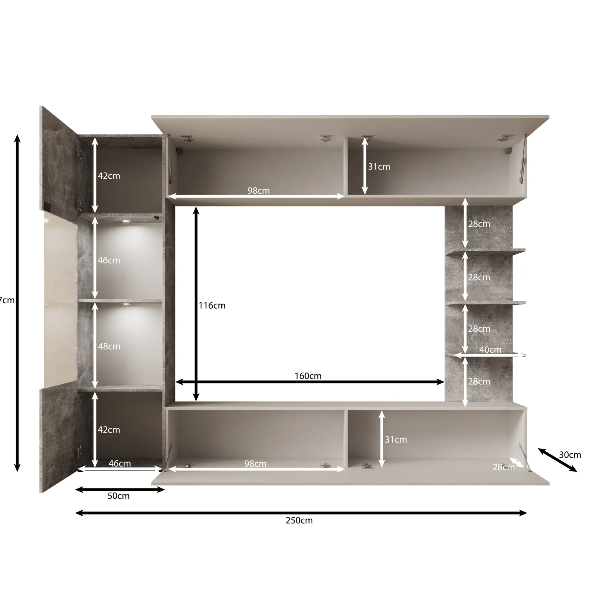 Lomezzo - Wandmeubel met verlichting - Wit/Betonlook - 250x30x187 cm