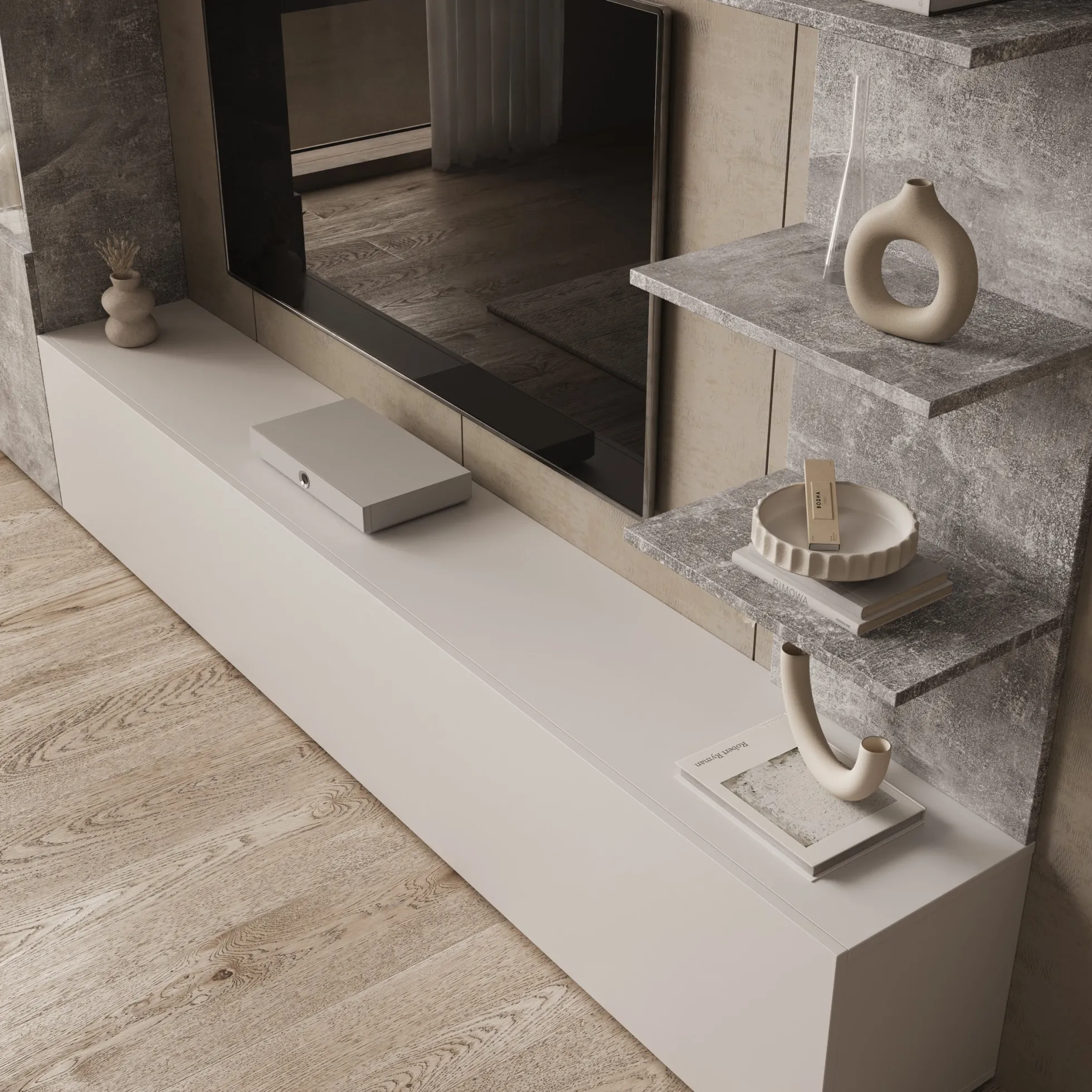 Lomezzo - Wandmeubel met verlichting - Wit/Betonlook - 250x30x187 cm