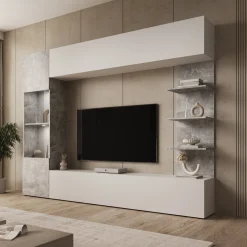 Lomezzo - Wandmeubel met verlichting - Wit/Betonlook - 250x30x187 cm
