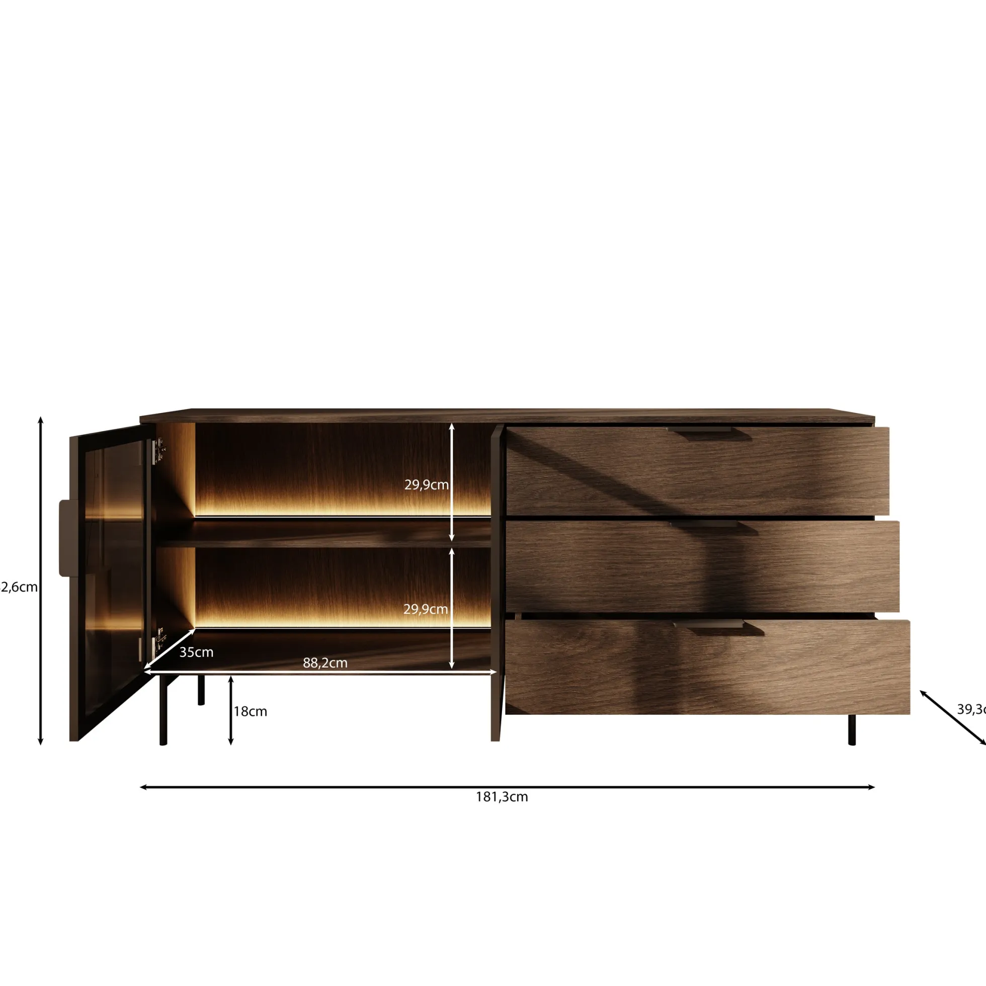 Lomo - Dressoir 3 lades - Donker eiken - 181x39x83 cm