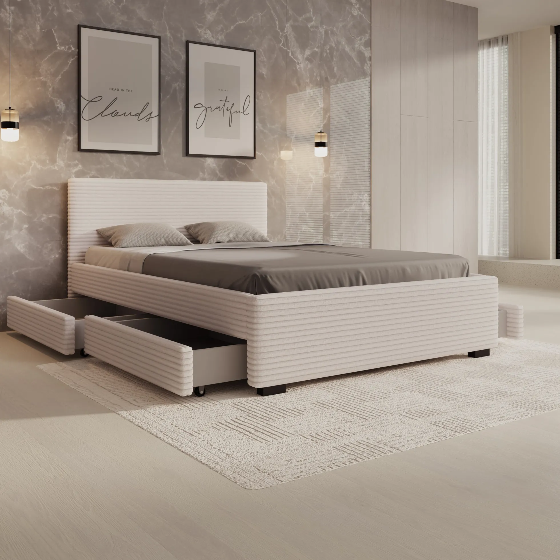 Loox - Tweepersoonsbed - Beige ribstof - 140x200 cm