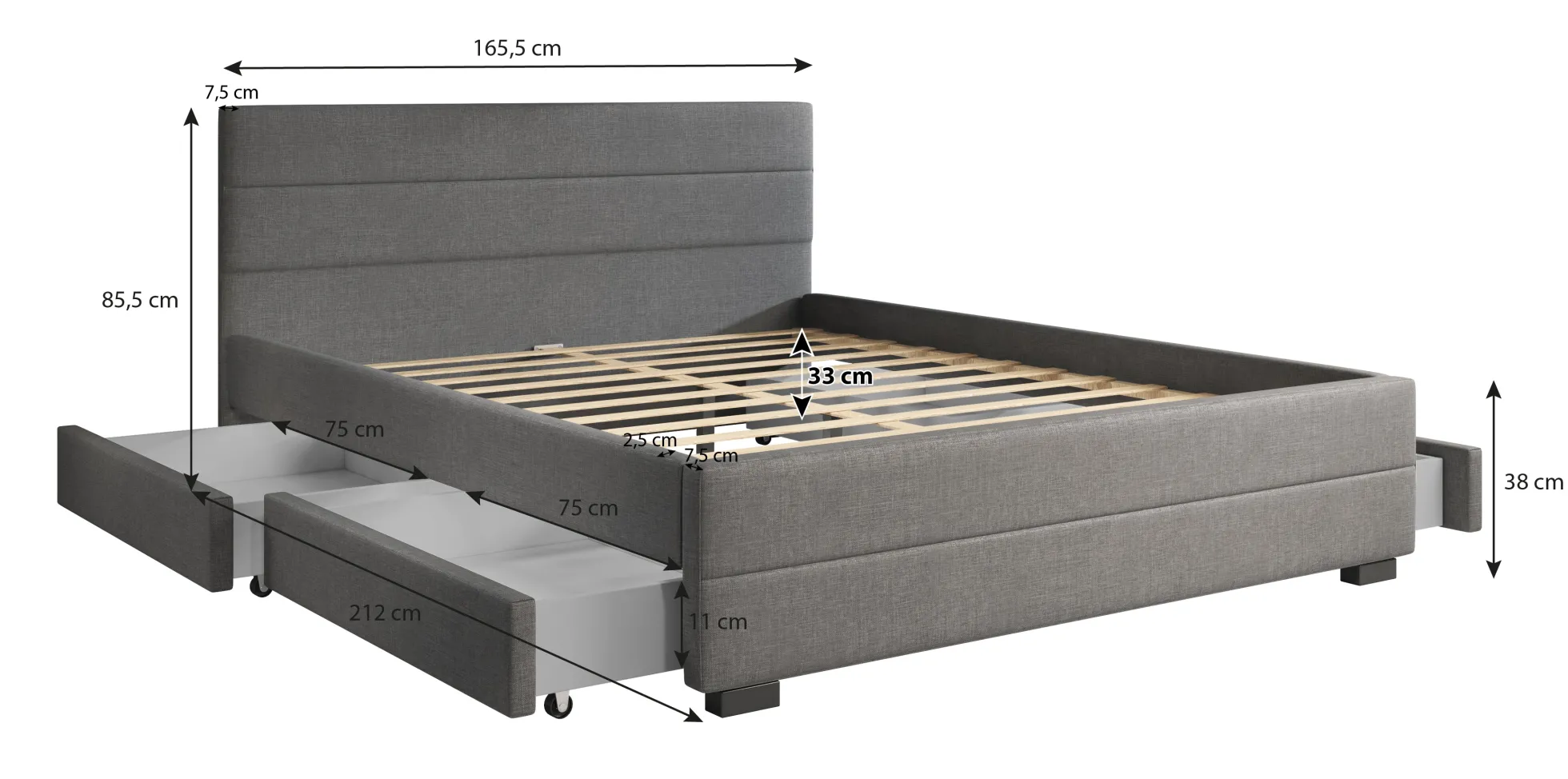 Loox - Tweepersoonsbed met 4 lades - Stof zwart - 160x200 cm