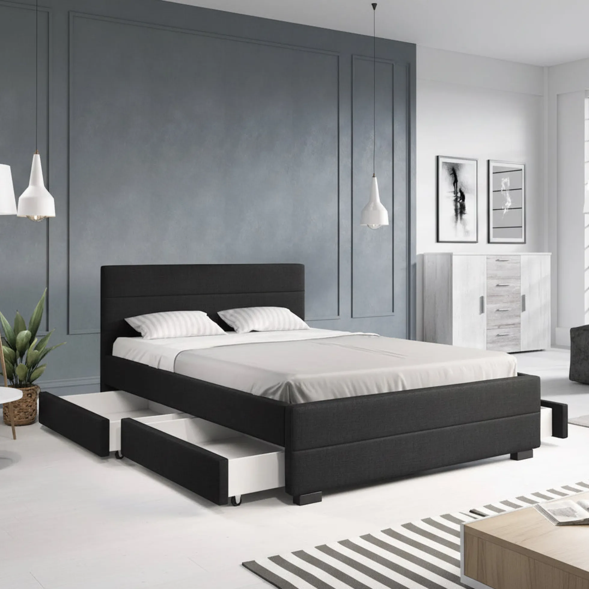 Loox - Tweepersoonsbed met 4 lades - Stof zwart - 140x200 cm