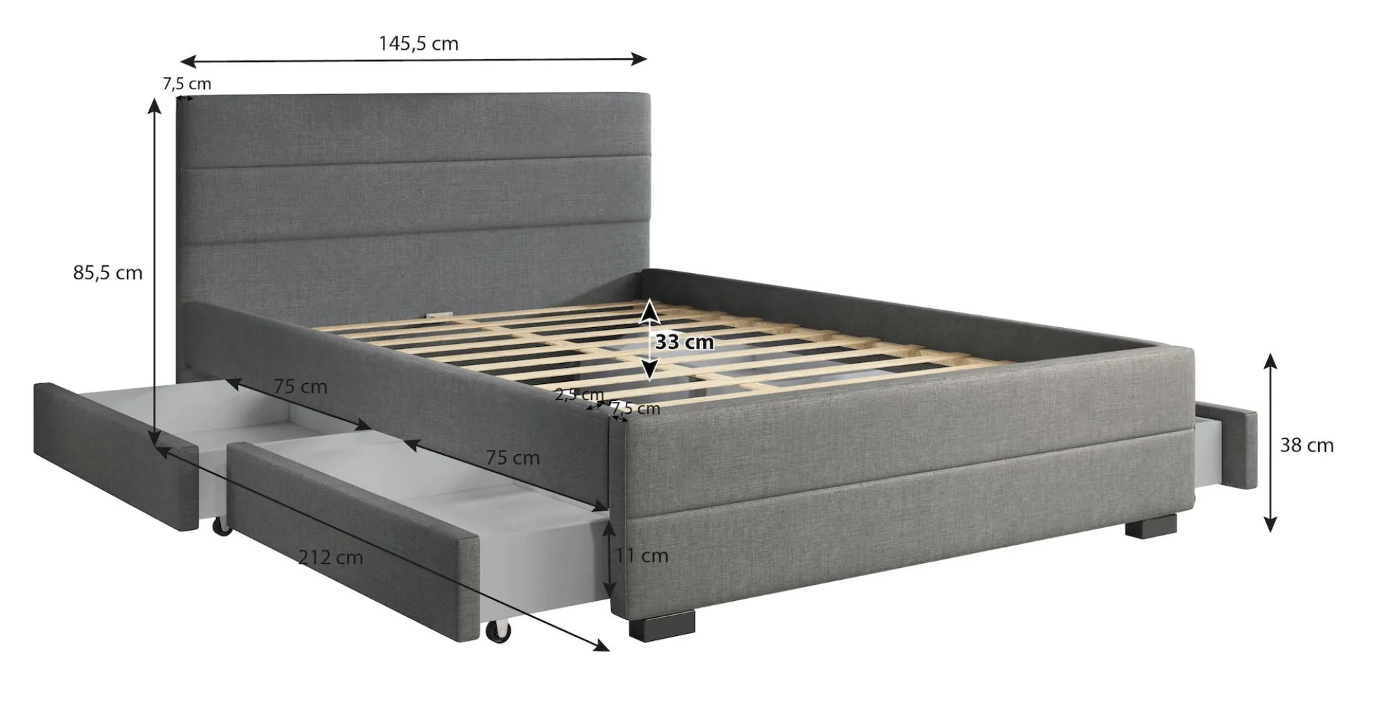Loox - Tweepersoonsbed met 4 lades - Stof zwart - 140x200 cm