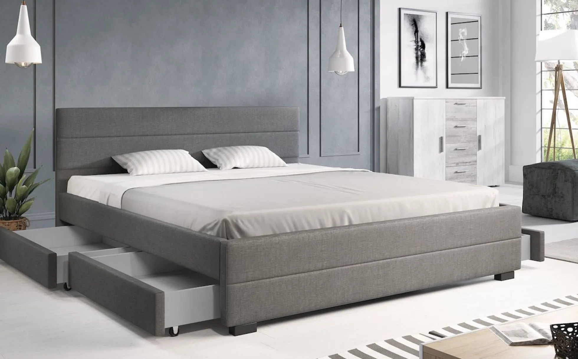 Loox - Tweepersoonsbed met 4 lades - Stof grijs - 180x200 cm