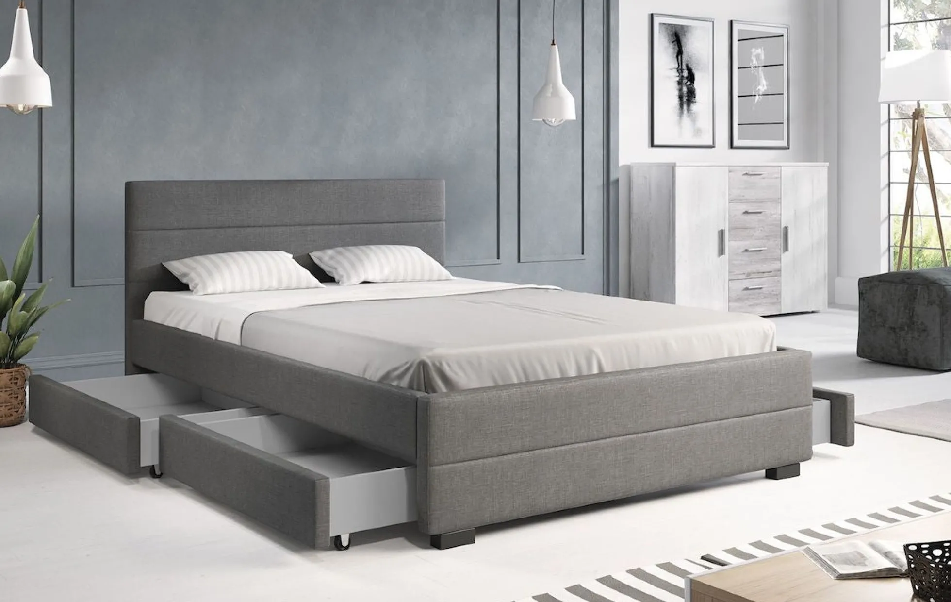 Loox - Tweepersoonsbed met 4 lades - Stof grijs - 140x200 cm