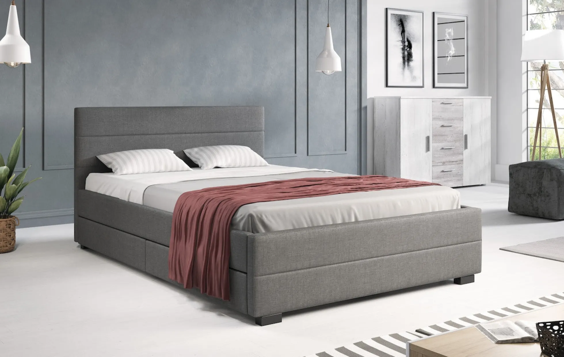 Loox - Tweepersoonsbed met 4 lades - Stof grijs - 140x200 cm