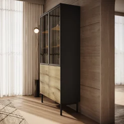 Ludwig - Vitrinekast - Zwart/eiken - 100x39x188 cm