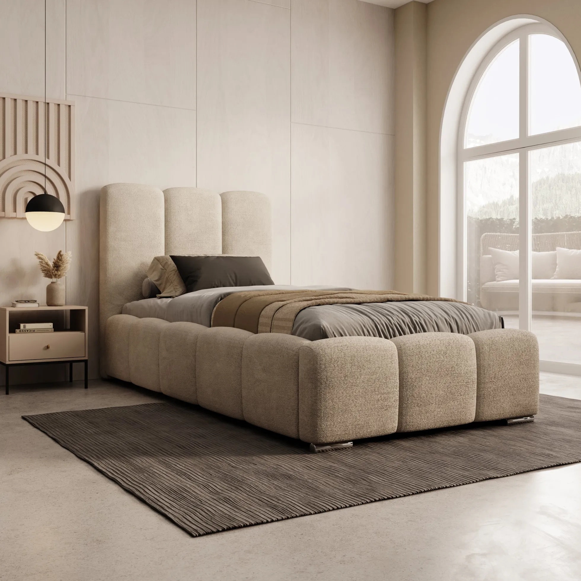 Lumo - Eenpersoonsbed met opbergruimte - Teddystof beige - 90x200 cm