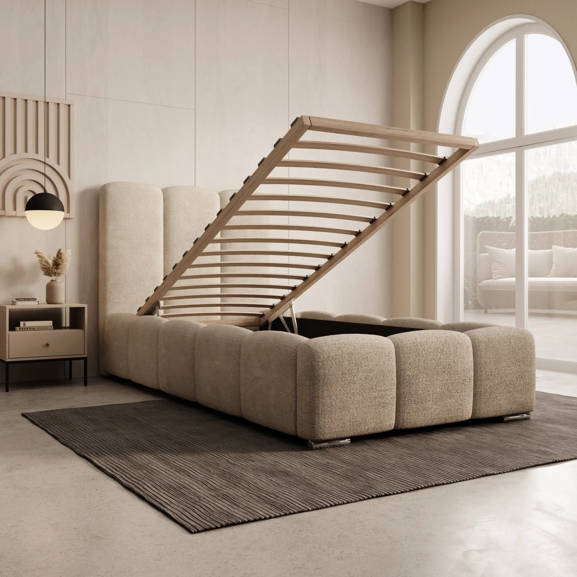 Lumo - Eenpersoonsbed met opbergruimte - Teddystof beige - 90x200 cm
