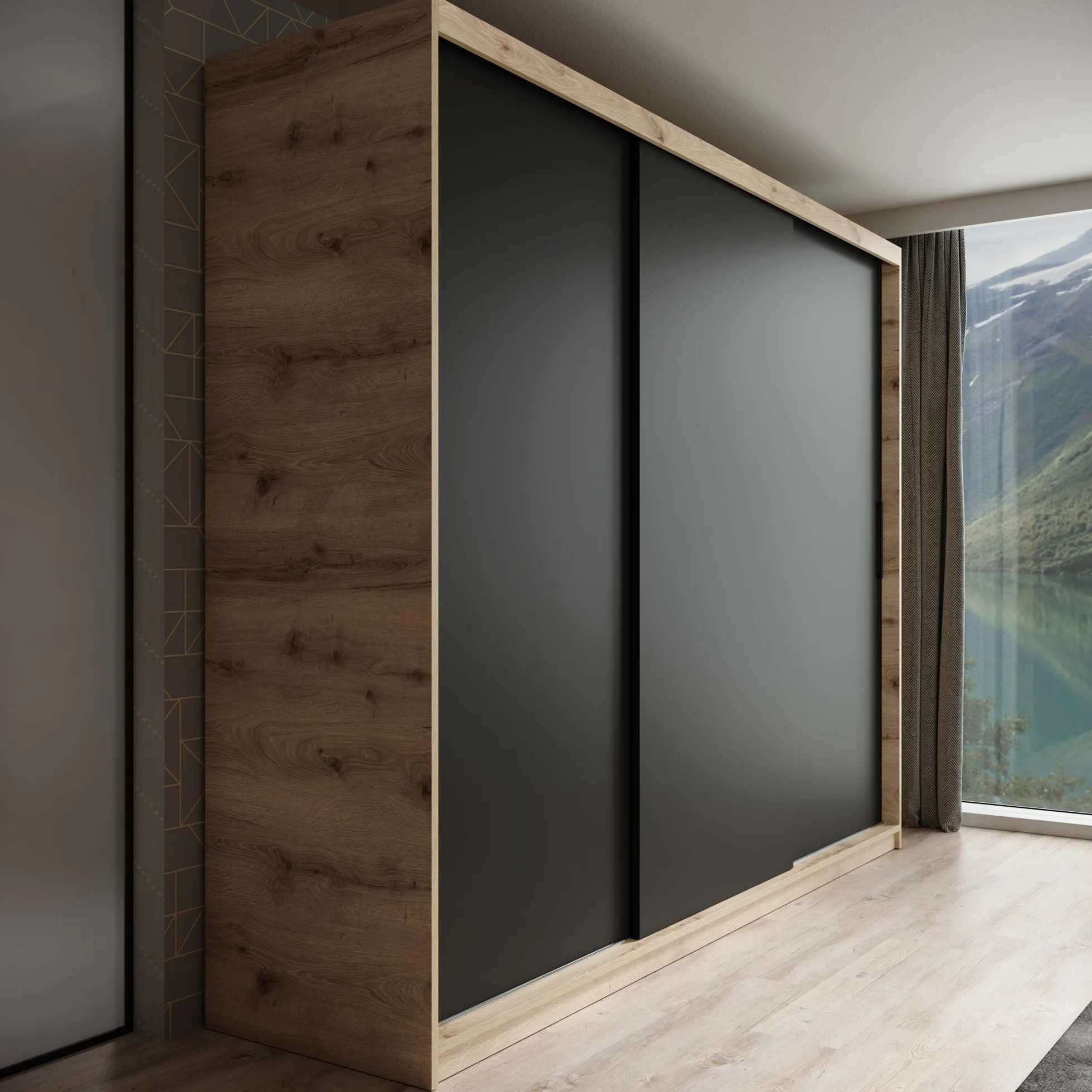 Luxor - Kledingkast met schuifdeuren - Zwart/eiken - 250x62x200 cm