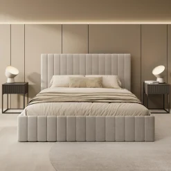Luz - Tweepersoonsbed met opbergruimte - Beige velvet - 160x200 cm