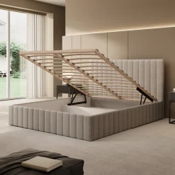 Luz - Tweepersoonsbed met opbergruimte - Beige velvet - 160x200 cm