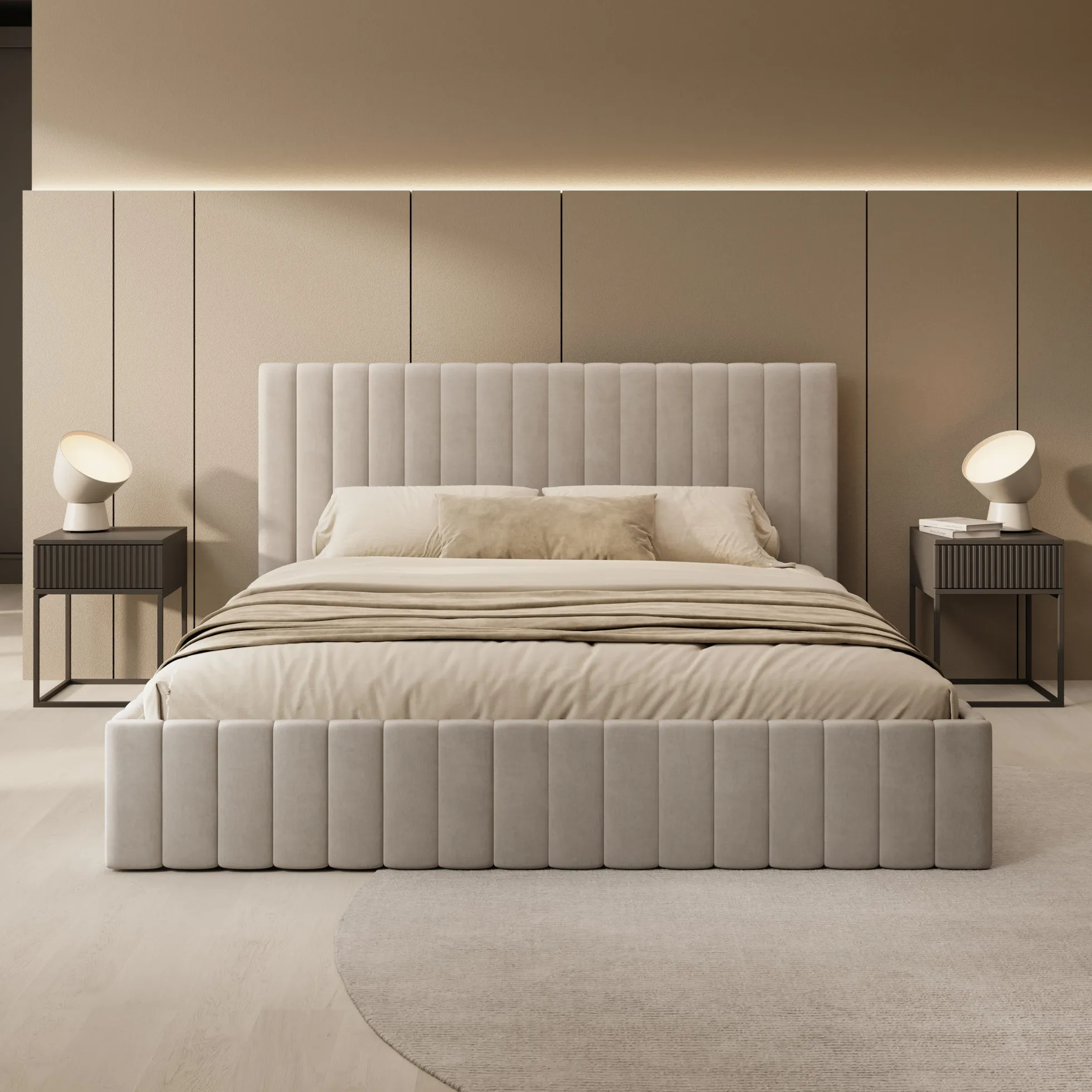 Luz - Tweepersoonsbed met opbergruimte - Beige velvet - 180x200 cm