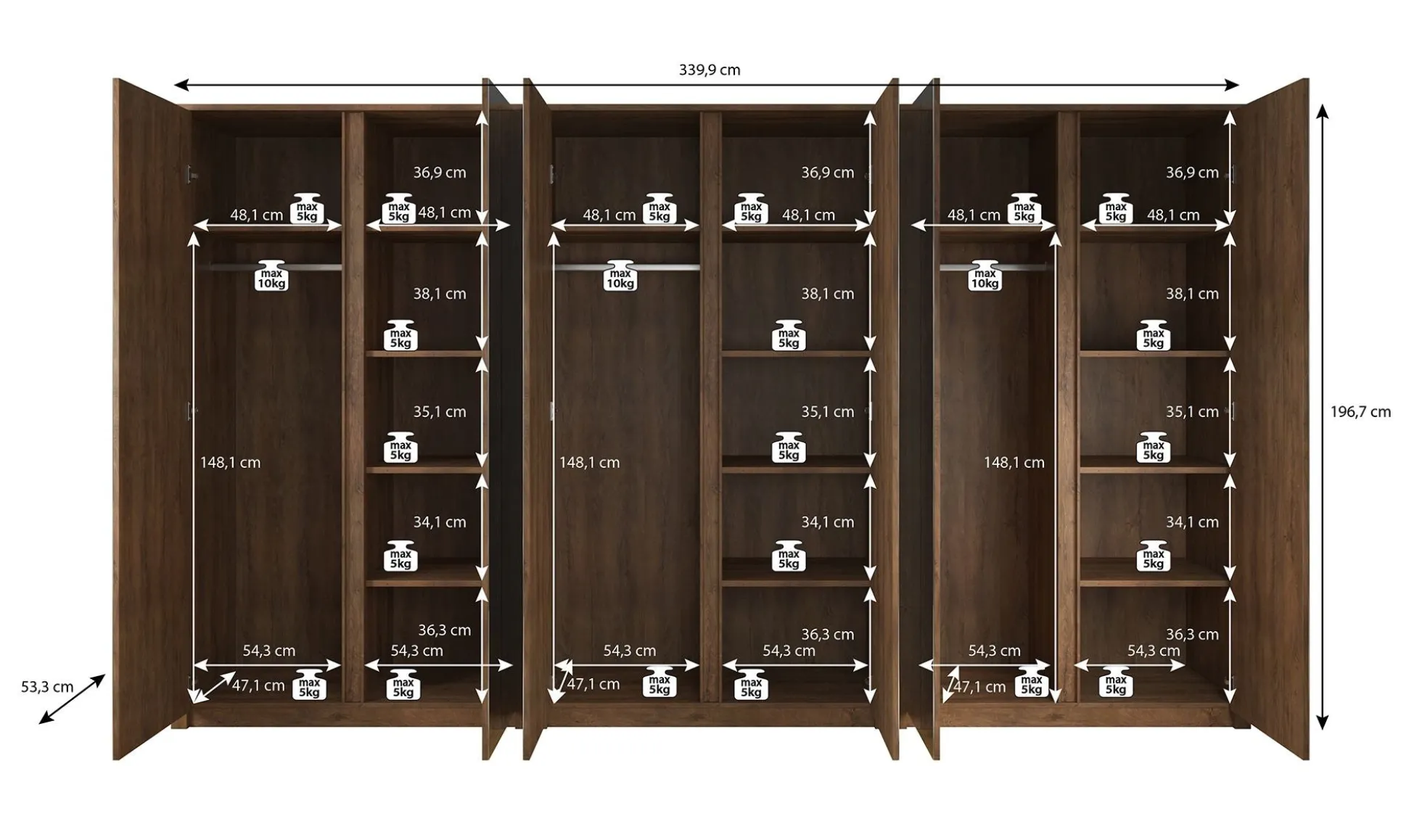 Malibu - Kledingkast 6-deurs - Wit - 340x53x197 cm
