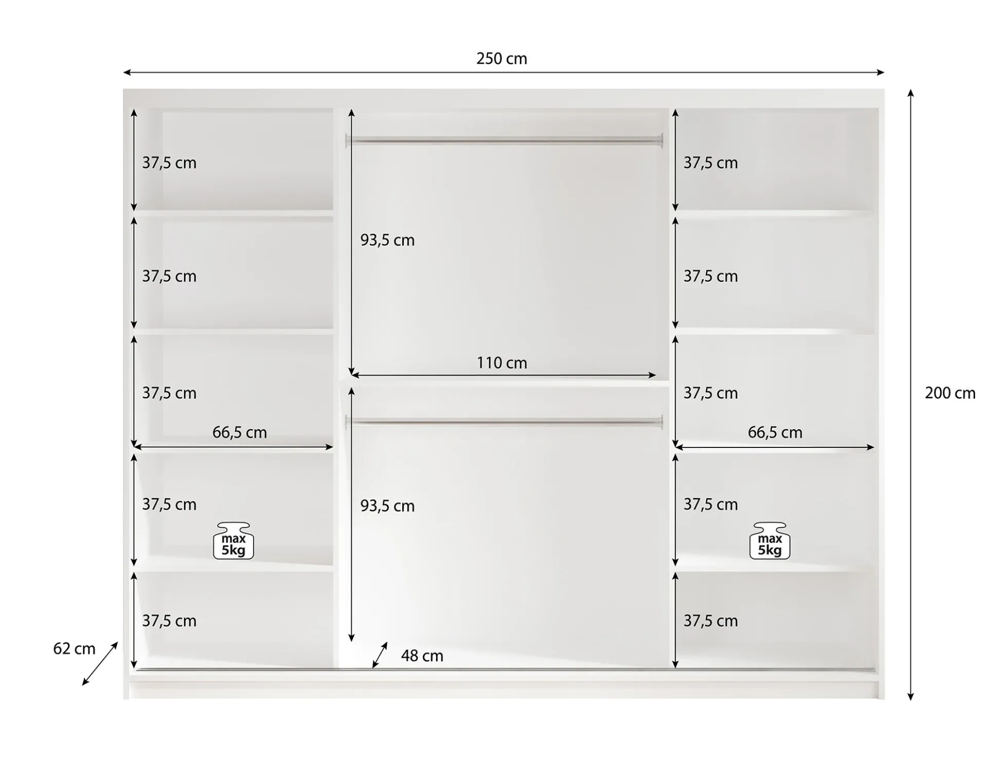 Mandalin - Kledingkast met schuifdeuren - Zwart - 250x62x200 cm