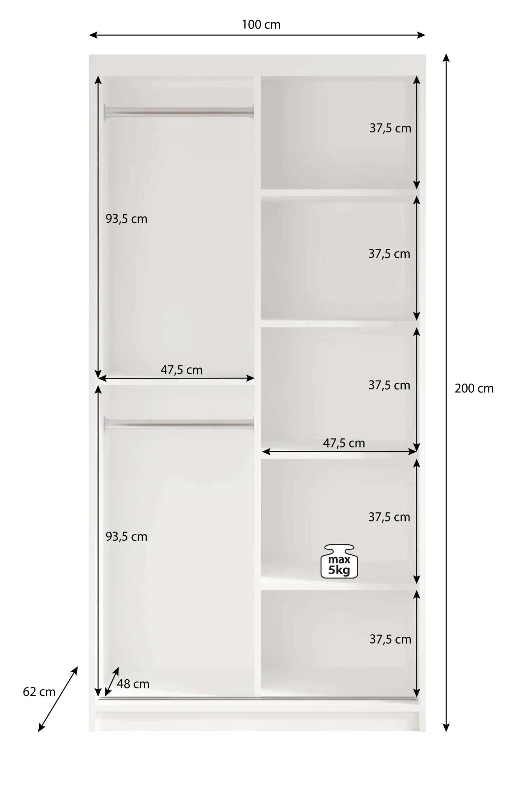 Mandalin - Kledingkast met spiegel - Zwart - 100x62x200 cm