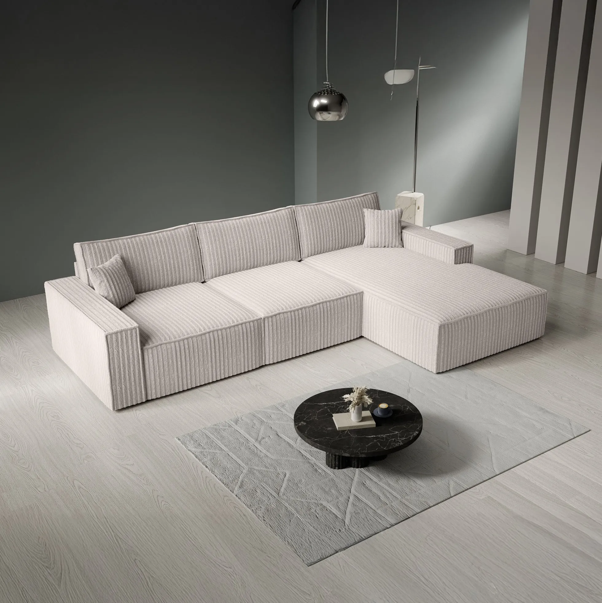 Manolo - Hoekbank 3-zits met chaise longue - Ribstof beige - Rechts