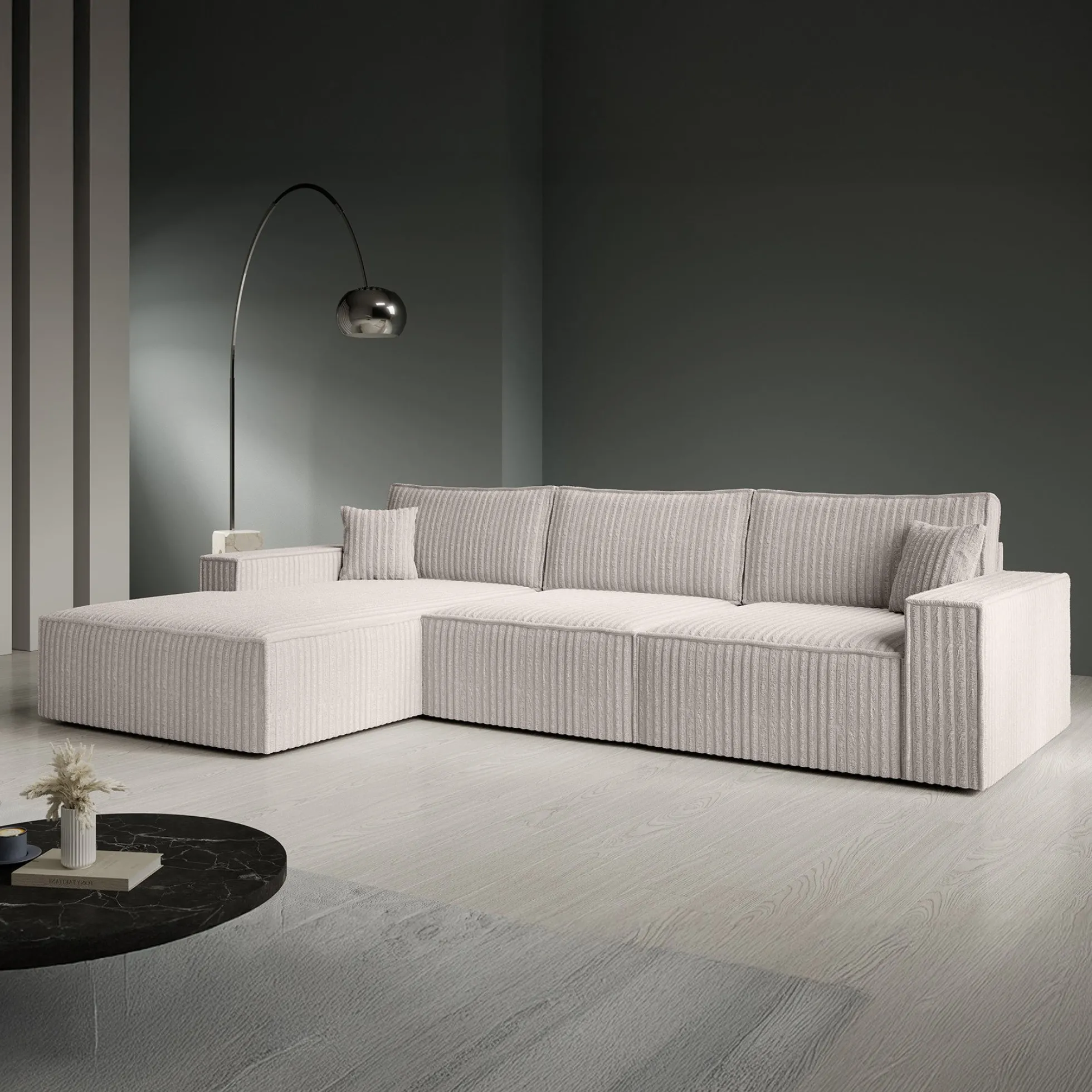 Manolo - Hoekbank 3-zits met chaise longue - Ribstof beige - Links