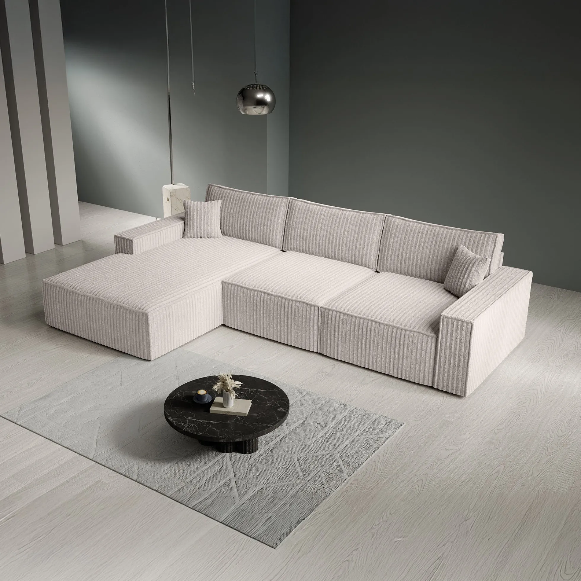 Manolo - Hoekbank 3-zits met chaise longue - Ribstof beige - Links