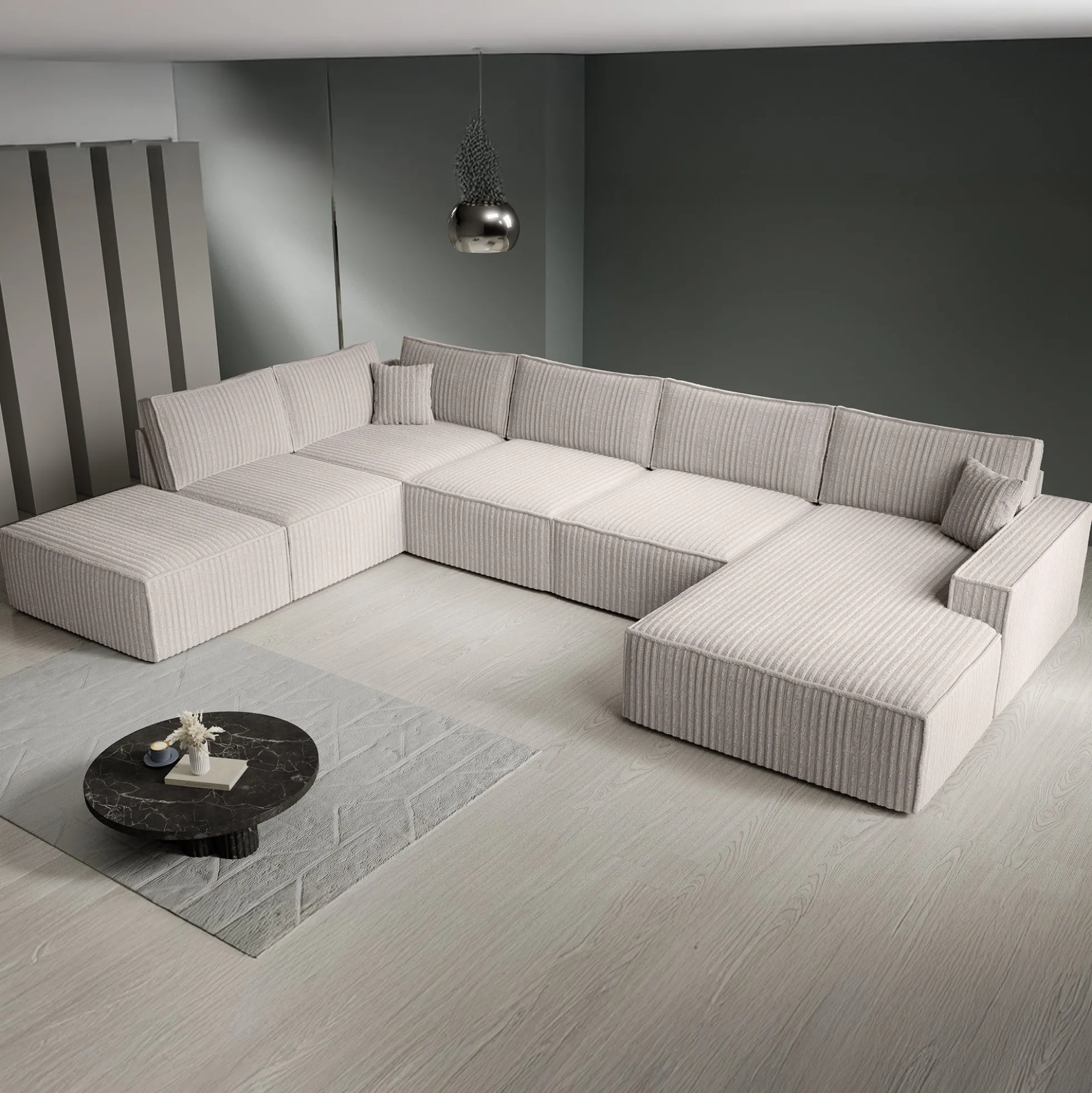 Manolo - Hoekbank 5-zits met chaise longue - Ribstof beige - Rechts
