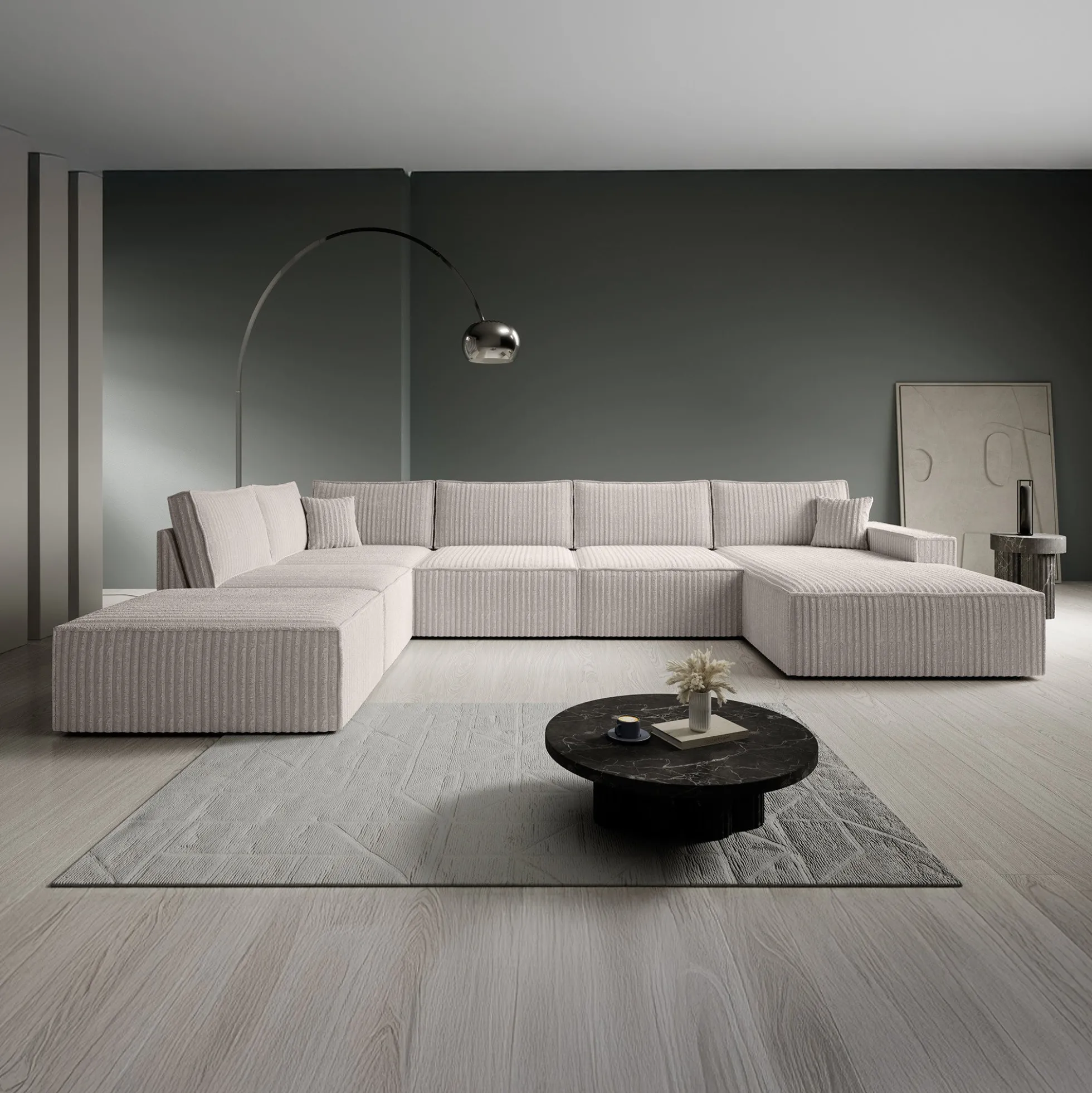 Manolo - Hoekbank 5-zits met chaise longue - Ribstof beige - Rechts