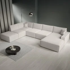 Manolo - Hoekbank 5-zits met chaise longue - Stof beige - Rechts