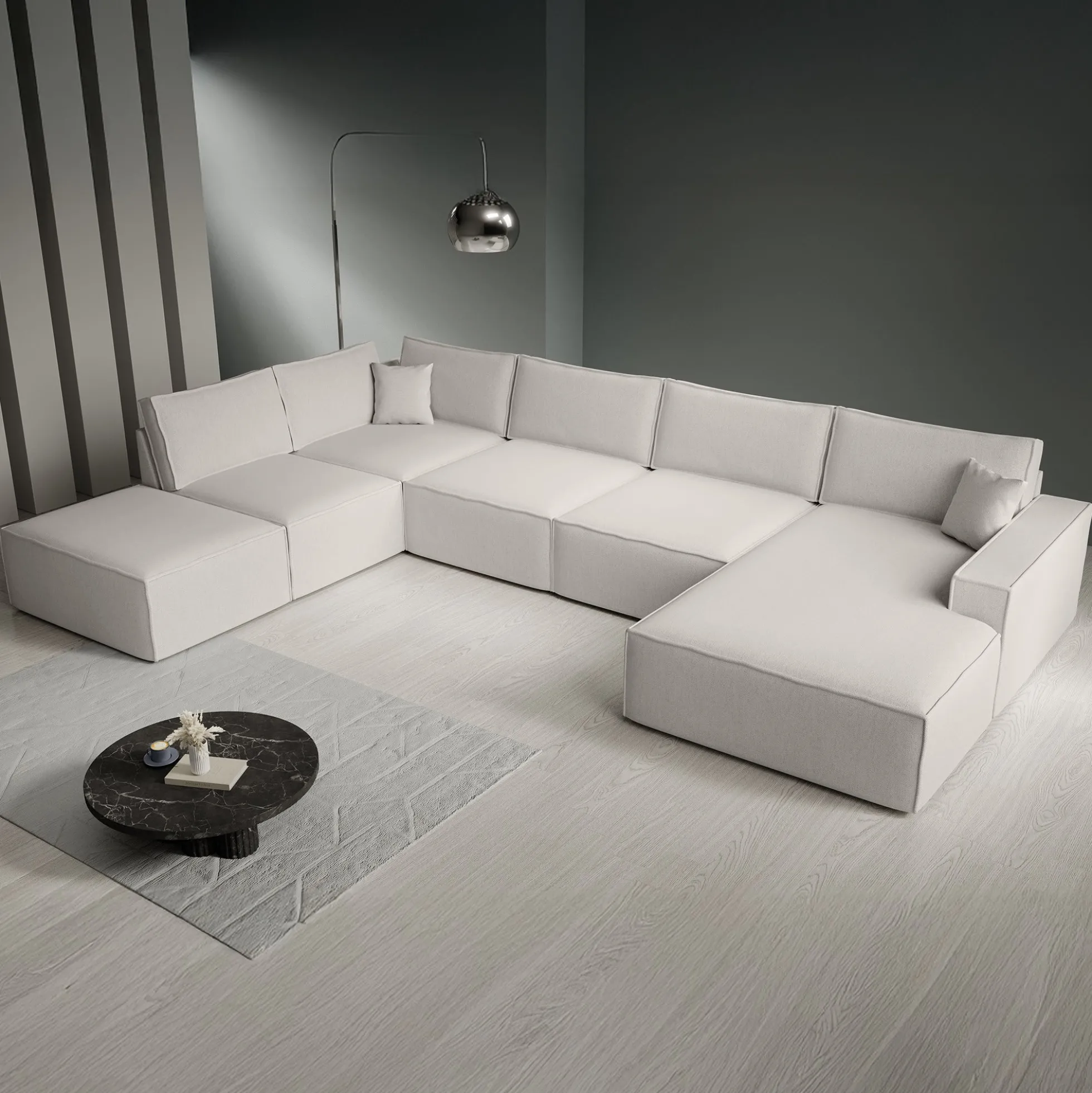 Manolo - Hoekbank 5-zits met chaise longue - Stof beige - Rechts