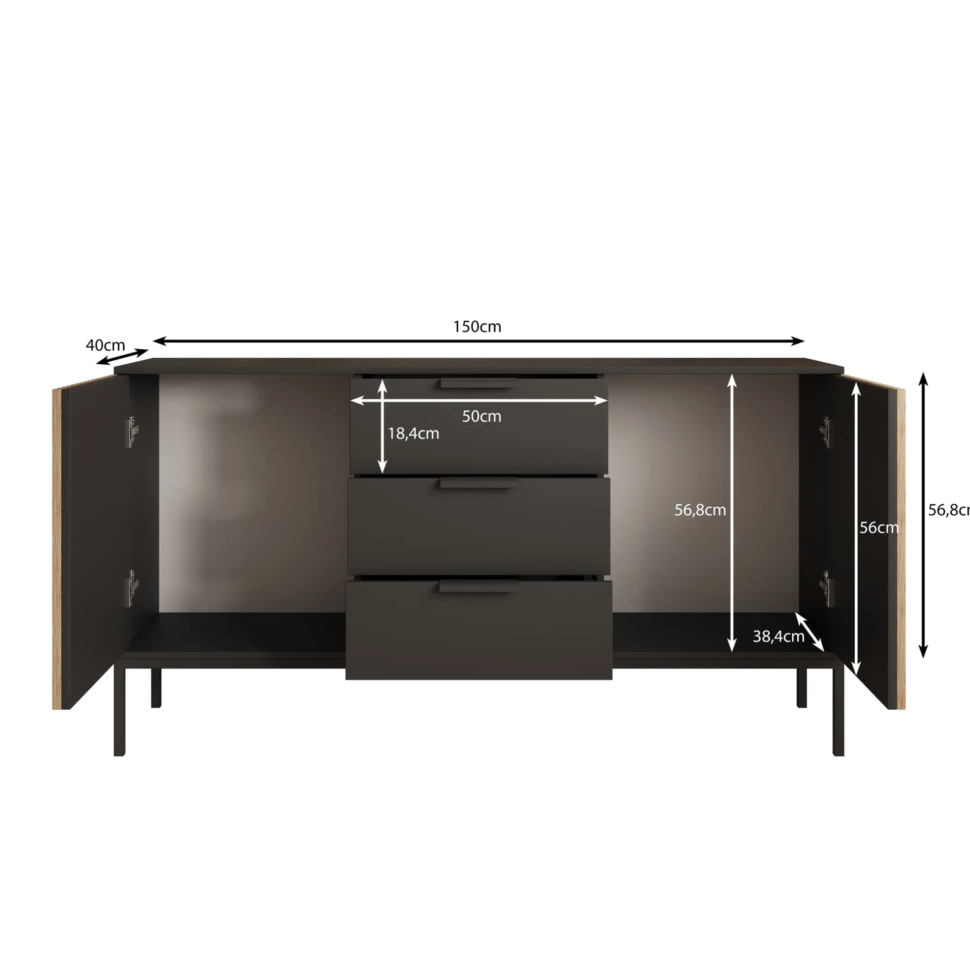 Marbella - Dressoir - Zwart - 150x40x80 cm