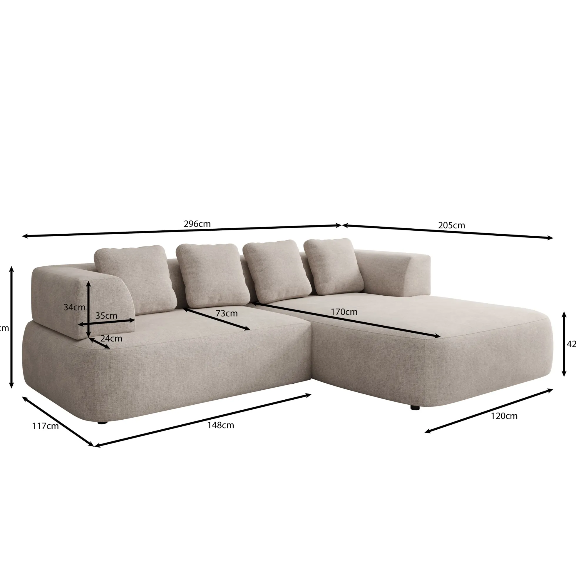 Marcelli - Hoekbank 3-zits met chaise longue - Stof beige - Rechts